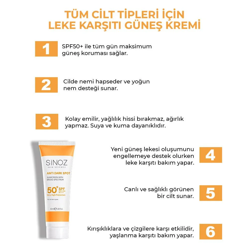 Sinoz Leke Karşıtı SPF50+ Güneş Kremi - Tüm Ciltler İçin 50 ml