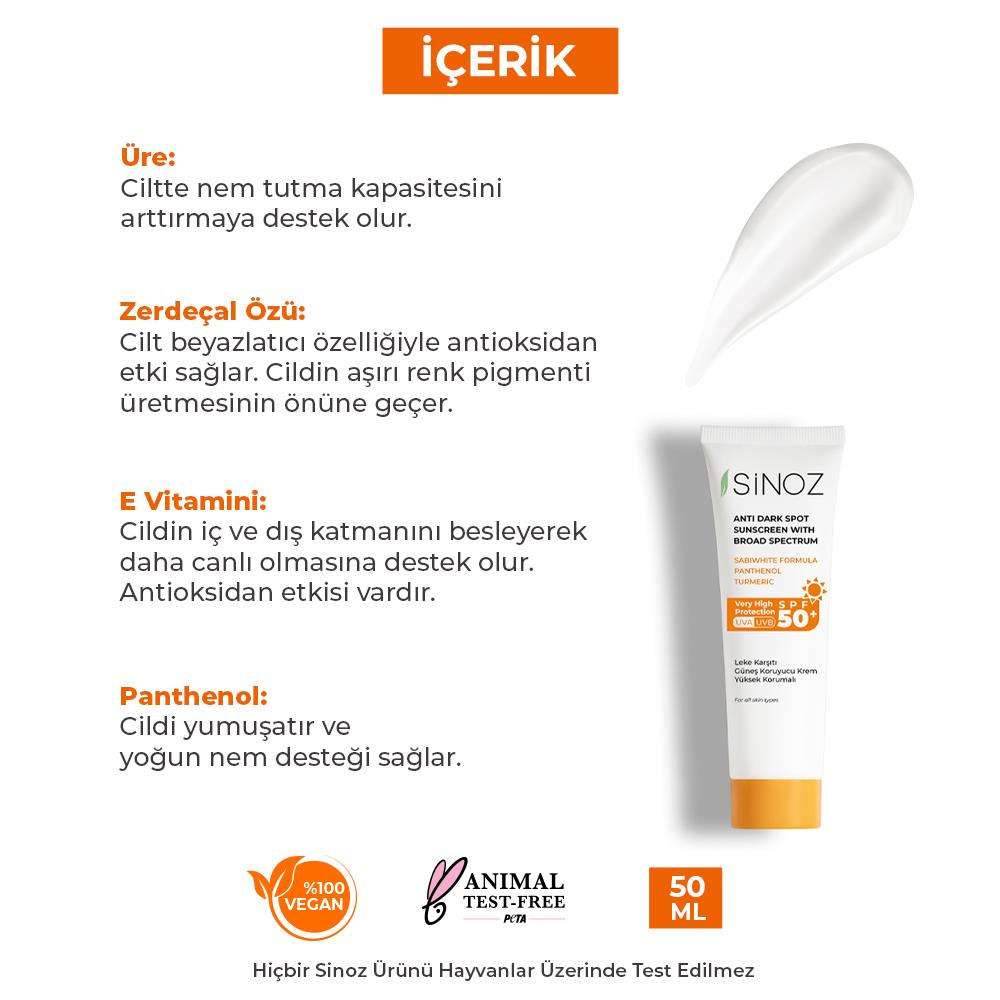 Sinoz Spf 50+ Leke Karşıtı Yüksek Koruyucu Yüz Güneş Kremi 50 ml Normal ve Kuru Ciltler İçin