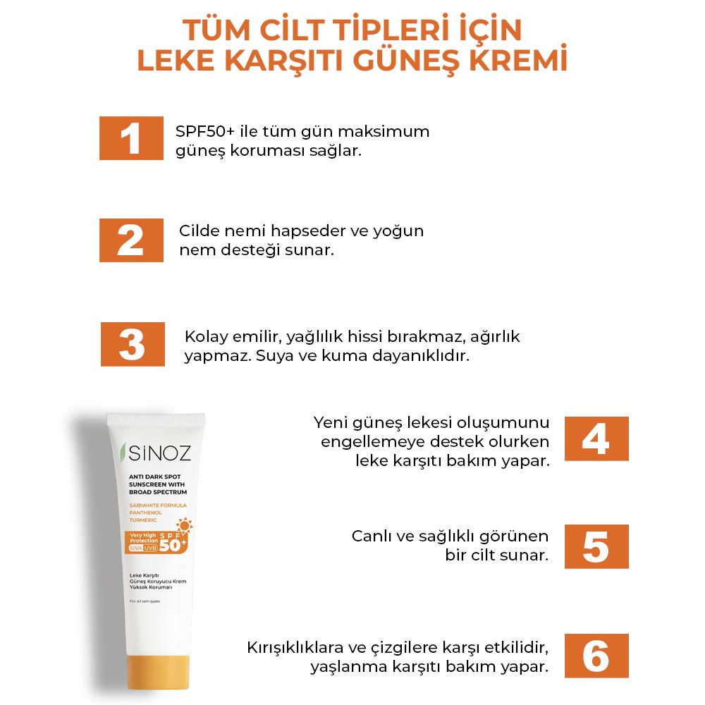 Sinoz Spf 50+ Leke Karşıtı Yüksek Koruyucu Yüz Güneş Kremi 50 ml Normal ve Kuru Ciltler İçin