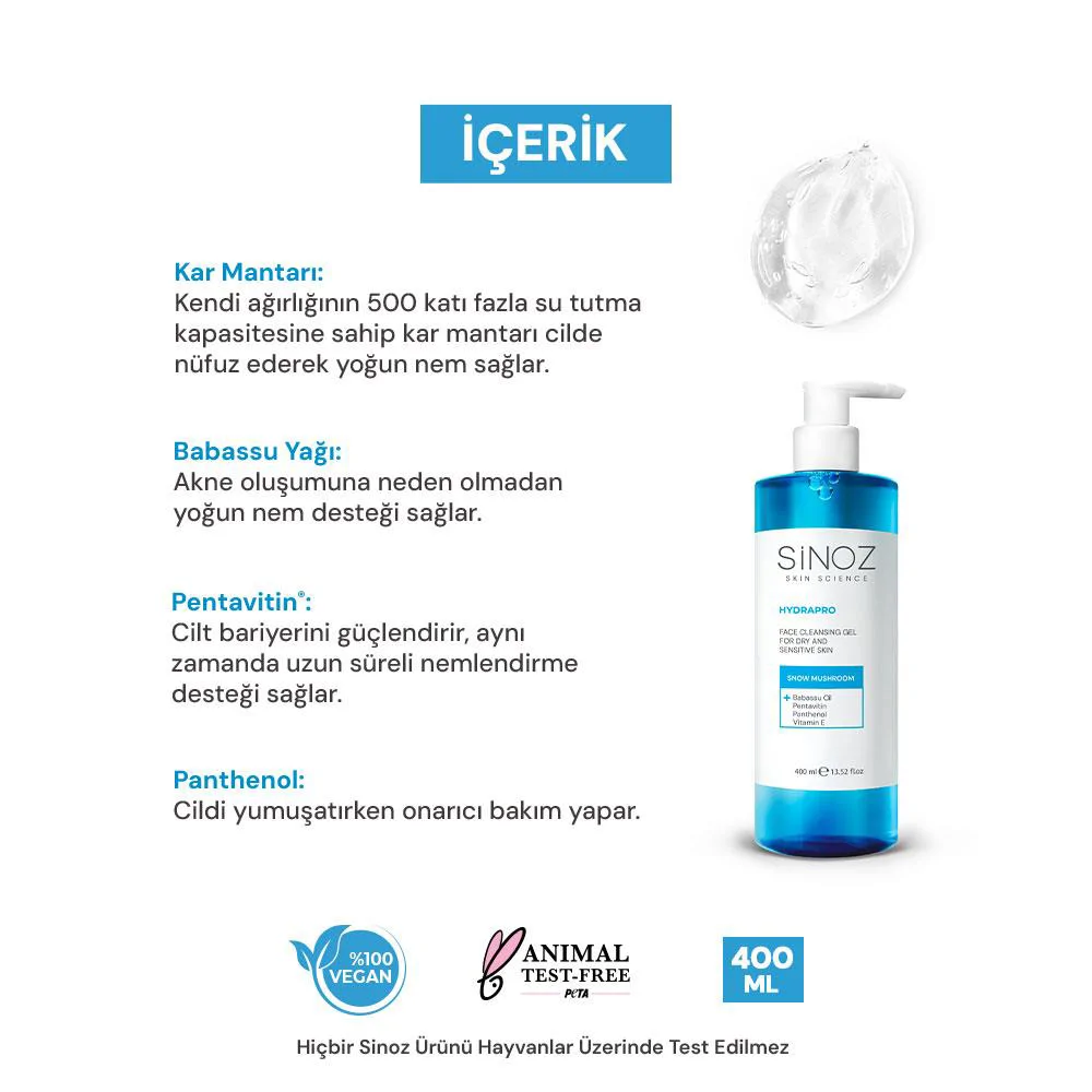 Sinoz Hydrapro Kuru ve Hassas Ciltler için Nemlendiricili Yüz Temizleme Jeli 400 ml