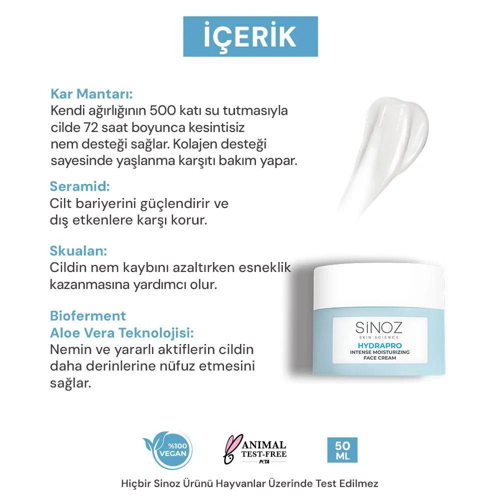Sinoz Hydrapro Su Bazlı 72 Saat Yoğun Nemlendirici Yüz Bakım Kremi 50 ml 