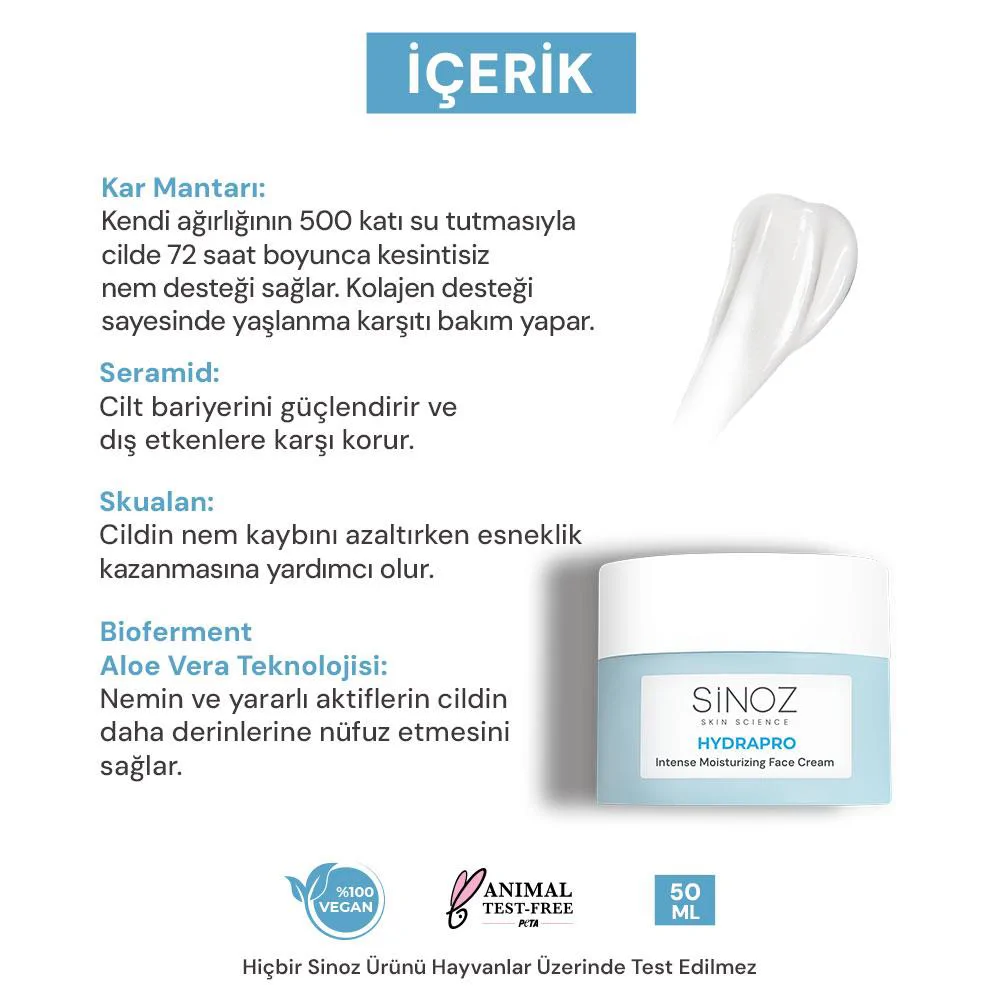 Sinoz Hydrapro Su Bazlı 72 Saat Yoğun Nemlendirici Yüz Bakım Kremi 50 ml