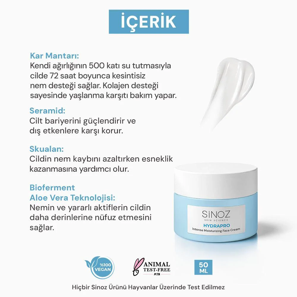 Sinoz Hydrapro Su Bazlı 72 Saat Yoğun Nemlendirici Yüz Bakım Kremi 50 ml