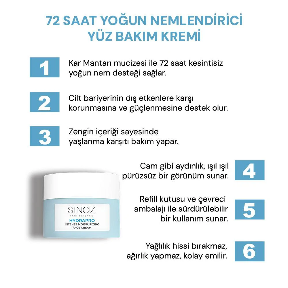 Sinoz Hydrapro Su Bazlı 72 Saat Yoğun Nemlendirici Yüz Bakım Kremi 50 ml 