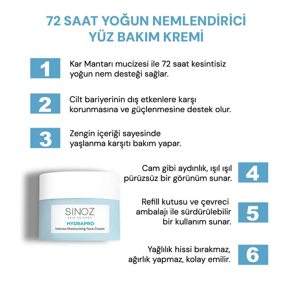 Sinoz Hydrapro Su Bazlı 72 Saat Yoğun Nemlendirici Yüz Bakım Kremi 50 ml