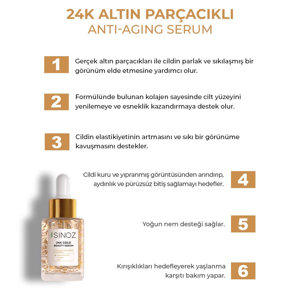 Sinoz 24K Altın Parçacıklı Hyalüronik Asit İçeren Kırışıklık Karşıtı Kolajen Cilt Bakım Serum 30 ml