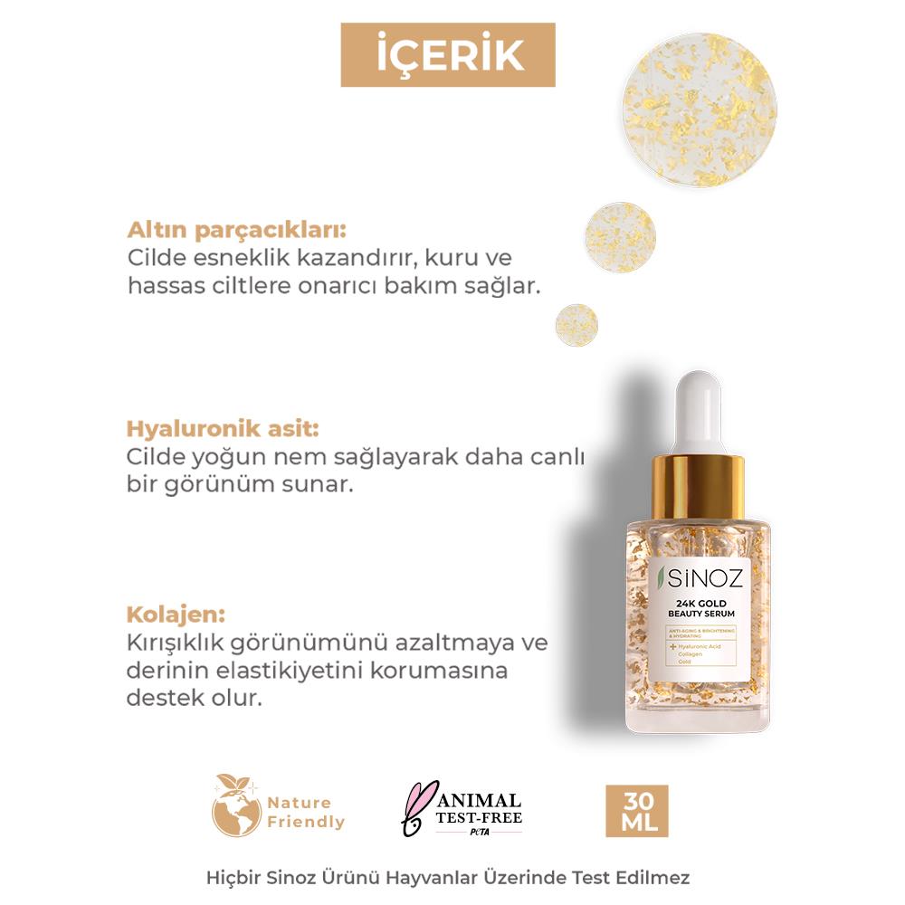 Sinoz 24K Altın Parçacıklı Hyalüronik Asit İçeren Kırışıklık Karşıtı Kolajen Cilt Bakım Serum 30 ml