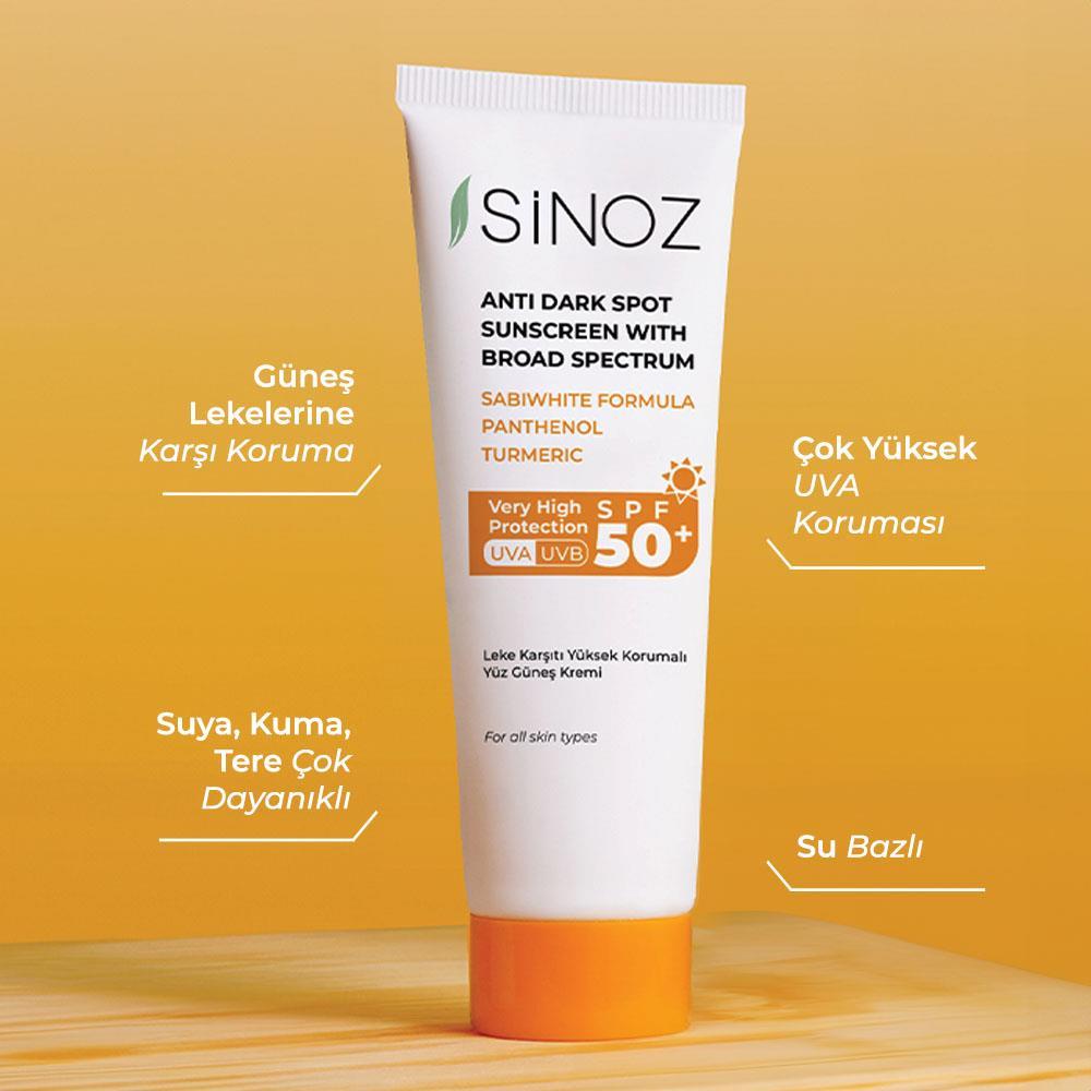 Sinoz Spf 50+ Leke Karşıtı Yüksek Koruyucu Yüz Güneş Kremi 50 ml Normal ve Kuru Ciltler İçin