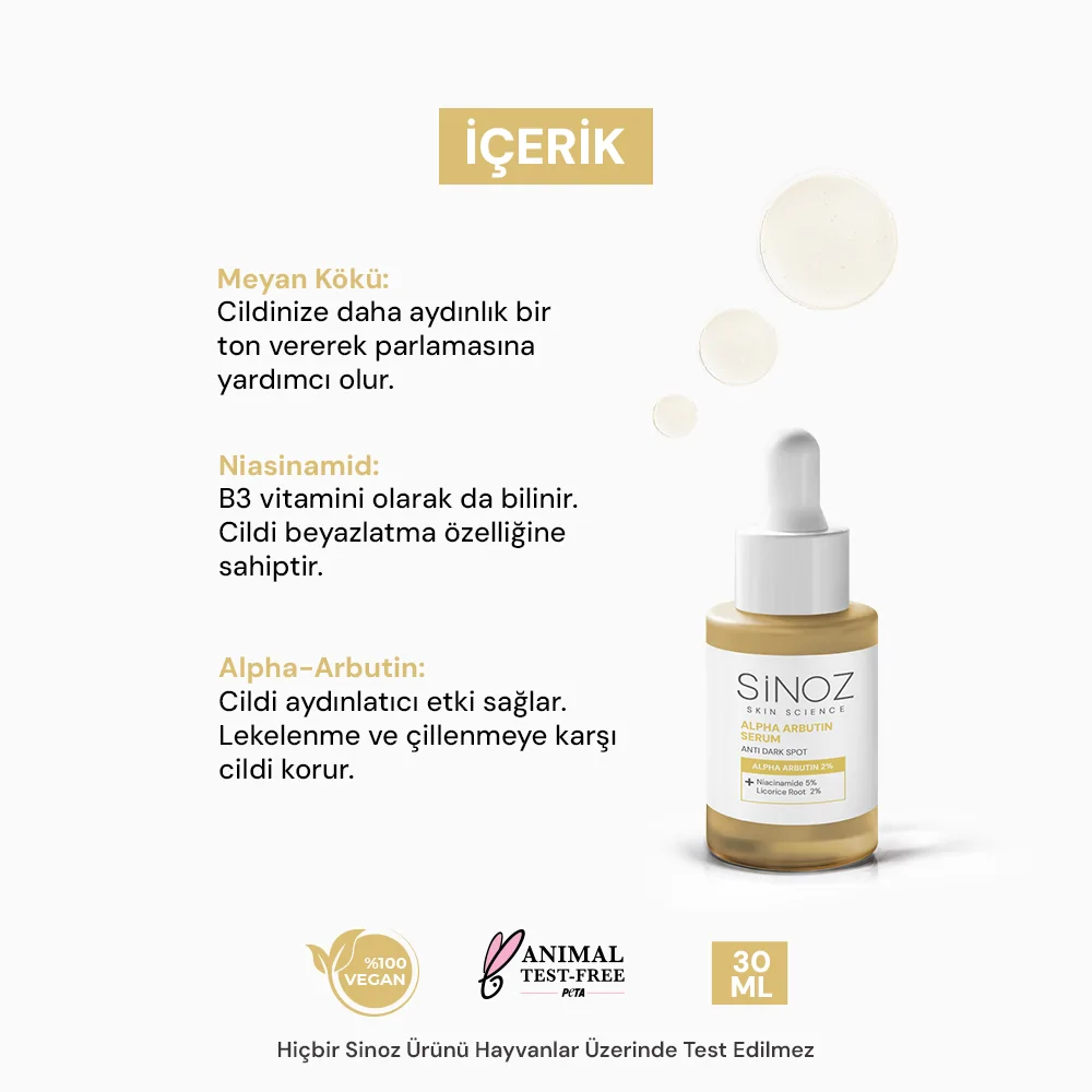 Sinoz Koyu Leke Karşıtı Arbutin Cilt Serumu (Niacinamide 5% + Alpha Arbutin 2%) 30 ml