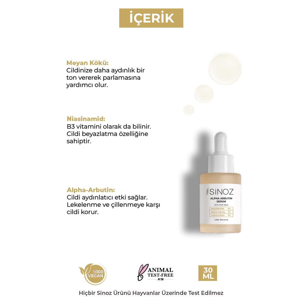Sinoz Koyu Leke Karşıtı Arbutin Cilt Serumu Niacinamide 5% + Alpha Arbutin 2% 30 ML
