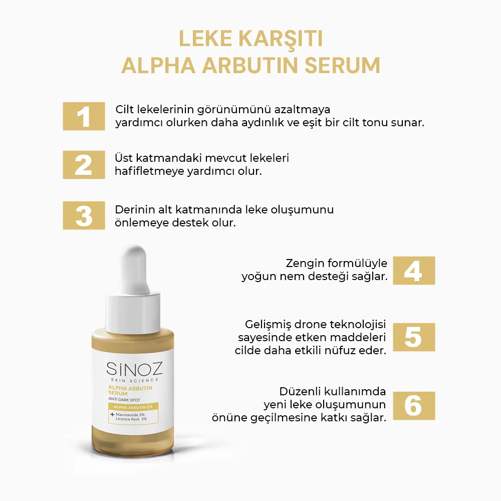 Sinoz Koyu Leke Karşıtı Arbutin Cilt Serumu (Niacinamide 5% + Alpha Arbutin 2%) 30 ml