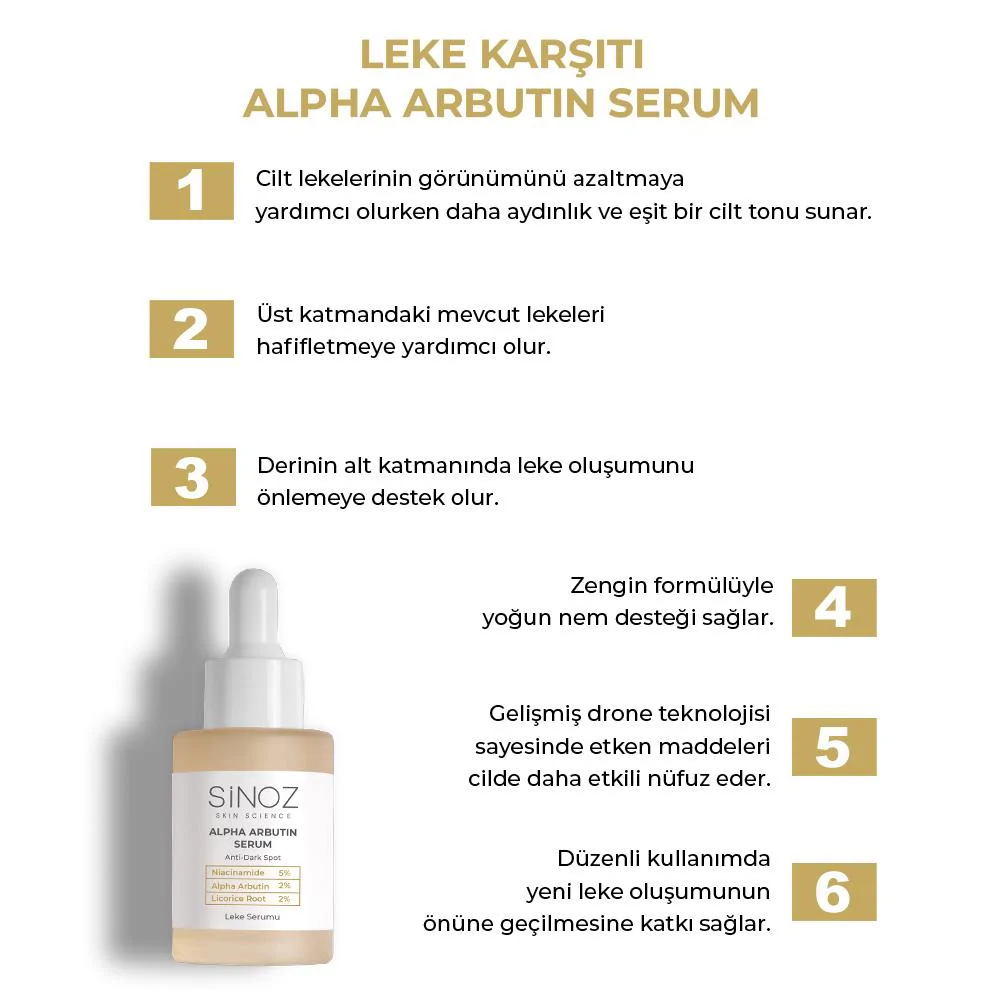 Sinoz Koyu Leke Karşıtı Arbutin Cilt Serumu (Niacinamide 5% + Alpha Arbutin 2%) 30 ml