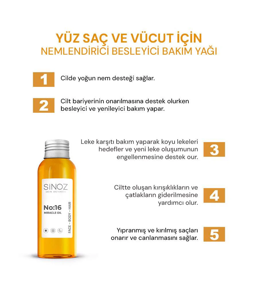 Sinoz No:16 Nemlendirici Besleyici Bakım Yağı Yüz - Saç - Vücut 100 ml