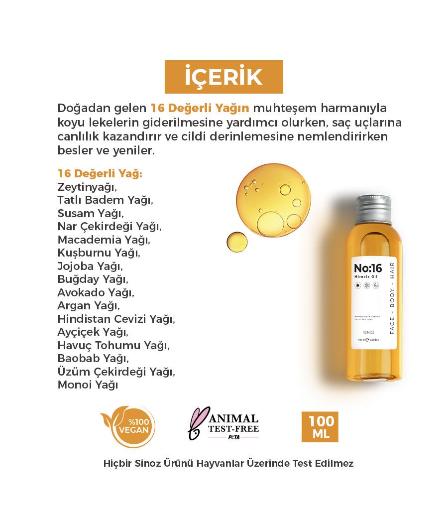 Sinoz No:16 Nemlendirici Besleyici Bakım Yağı Yüz - Saç - Vücut 100 ml