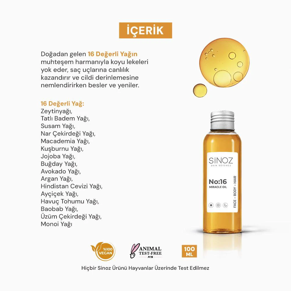 Sinoz No:16 Nemlendirici Besleyici Bakım Yağı Yüz - Saç - Vücut 100 ml