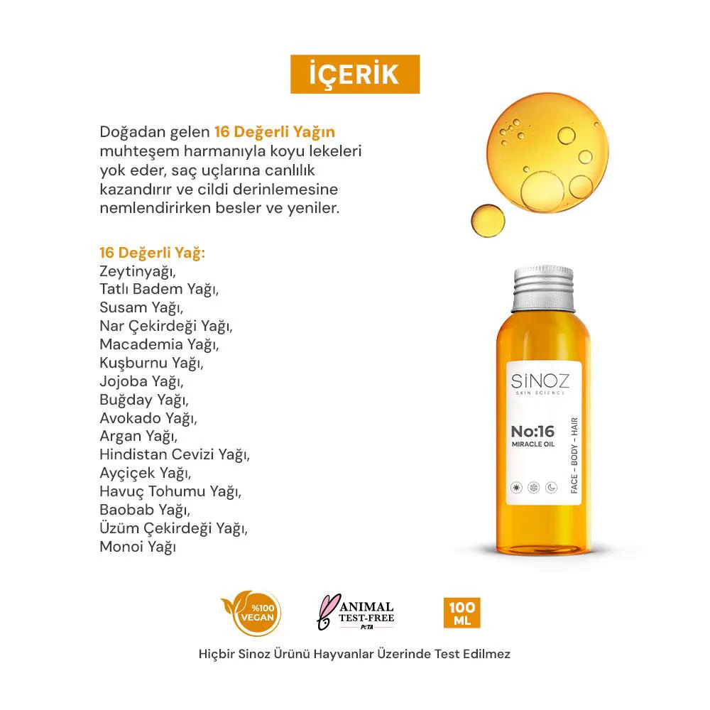 Sinoz No:16 Nemlendirici Besleyici Bakım Yağı  Yüz - Saç - Vücut 100 ml
