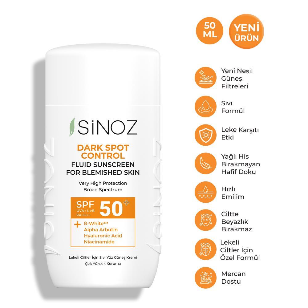 Sinoz Spf50+ Lekeli Ciltlere Özel Sıvı Güneş Kremi - Yeni Nesil Güneş Filtreleri ile Hibrit Formül 50ml