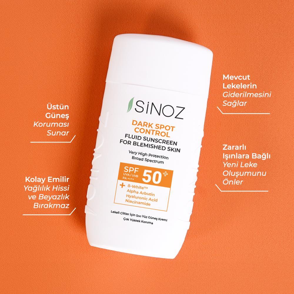 Sinoz Spf50+ Lekeli Ciltlere Özel Sıvı Güneş Kremi - Yeni Nesil Güneş Filtreleri ile Hibrit Formül 50ml